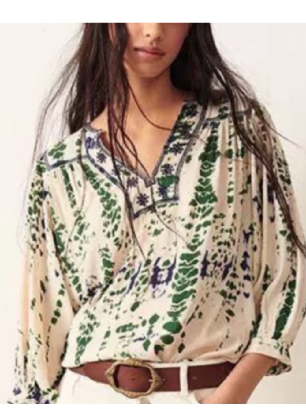 ba&sh Cream Tunic with Green & Blue Botanical Print